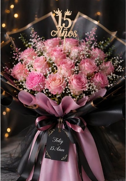 Foto de Ramo oriental de 15 rosas rosadas para 15 a�os papel negro...